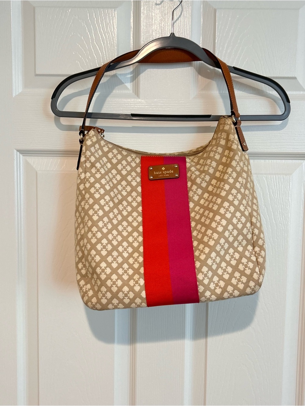 Kate Spade “Mona” Beige Patterned Hobo with Pink and Red Stripe